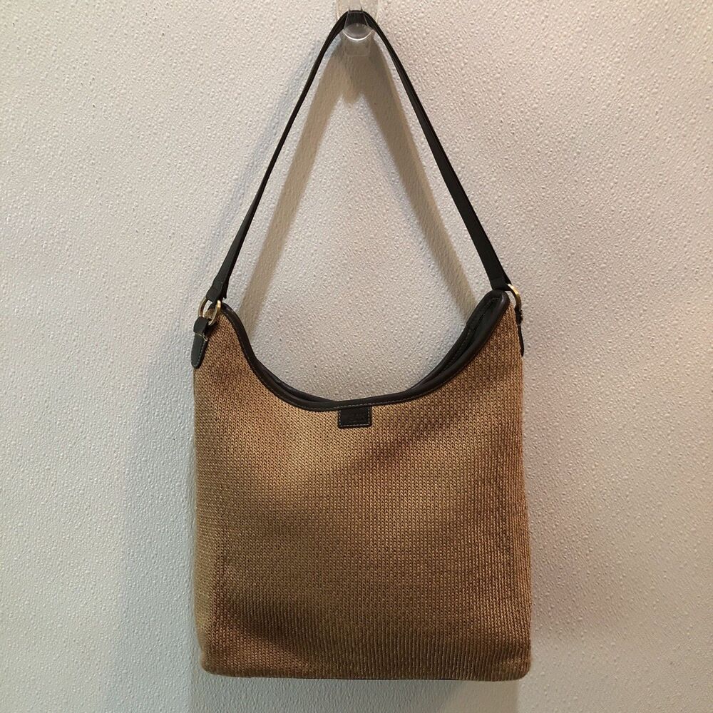 The Sak Tan Brown Crochet Knit Shoulder Bucket Bag Boho Purse Faux